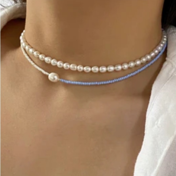Freshwater Pearl Necklace with Blue / Periwinke Seed Beads - Picture 1 of 5